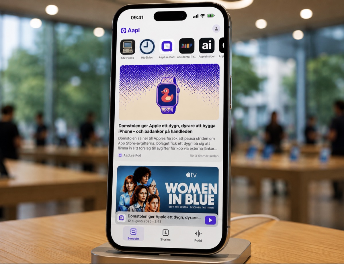 En iPhone i en Apple Store som visar Aapl.se-appens nyhetsflöde