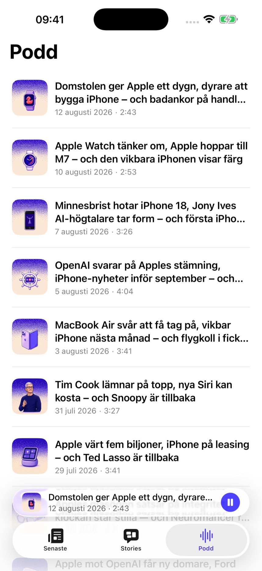 Poddspelaren för Aapl Pod i Aapl.se-appen