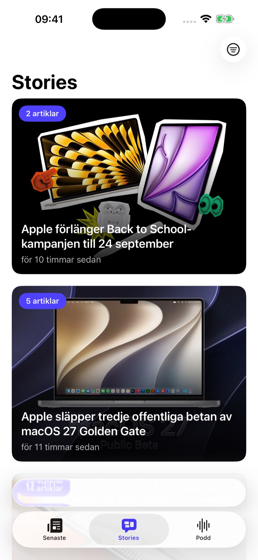 En Stories-bevakning i Aapl.se-appen
