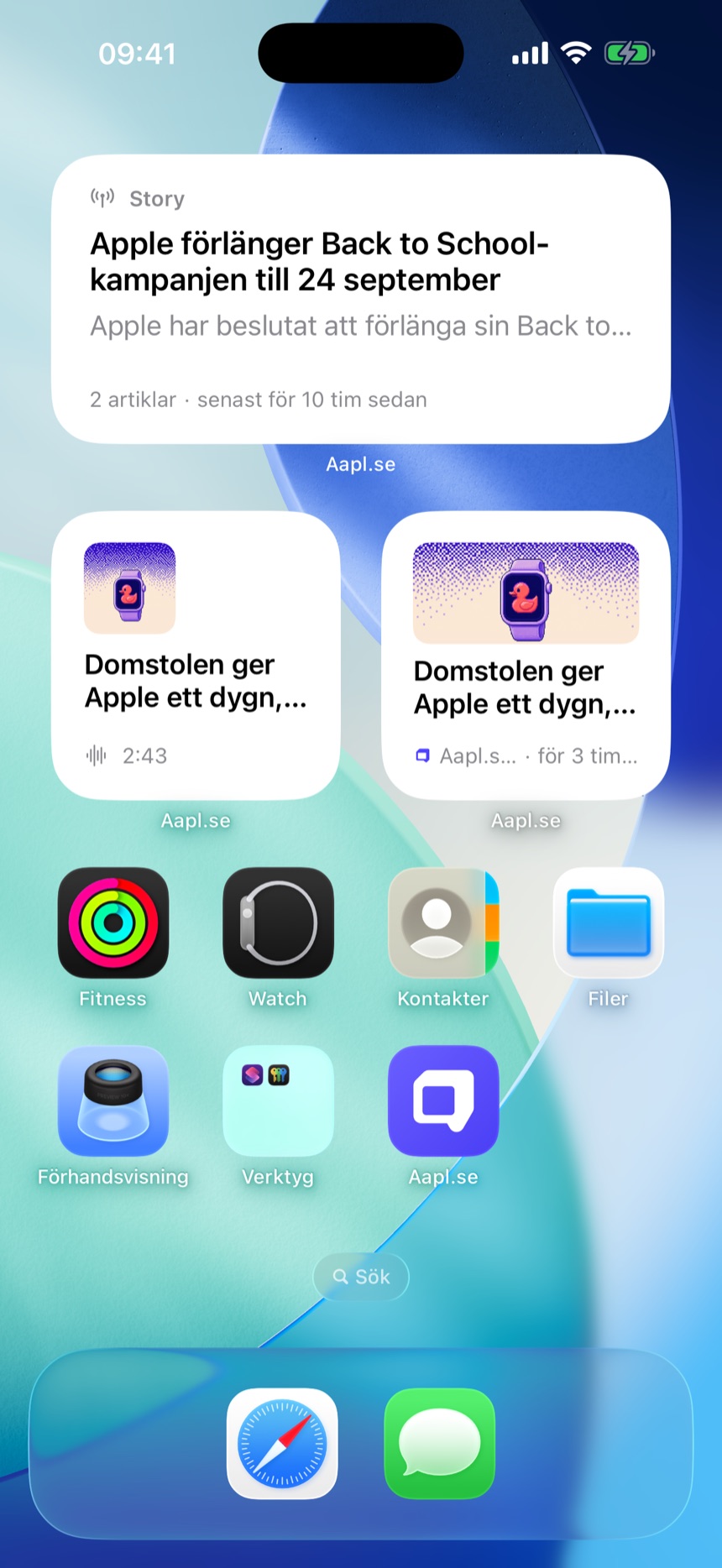 Hemskärm med Aapl.se-widgets för Senaste, Stories och Podd