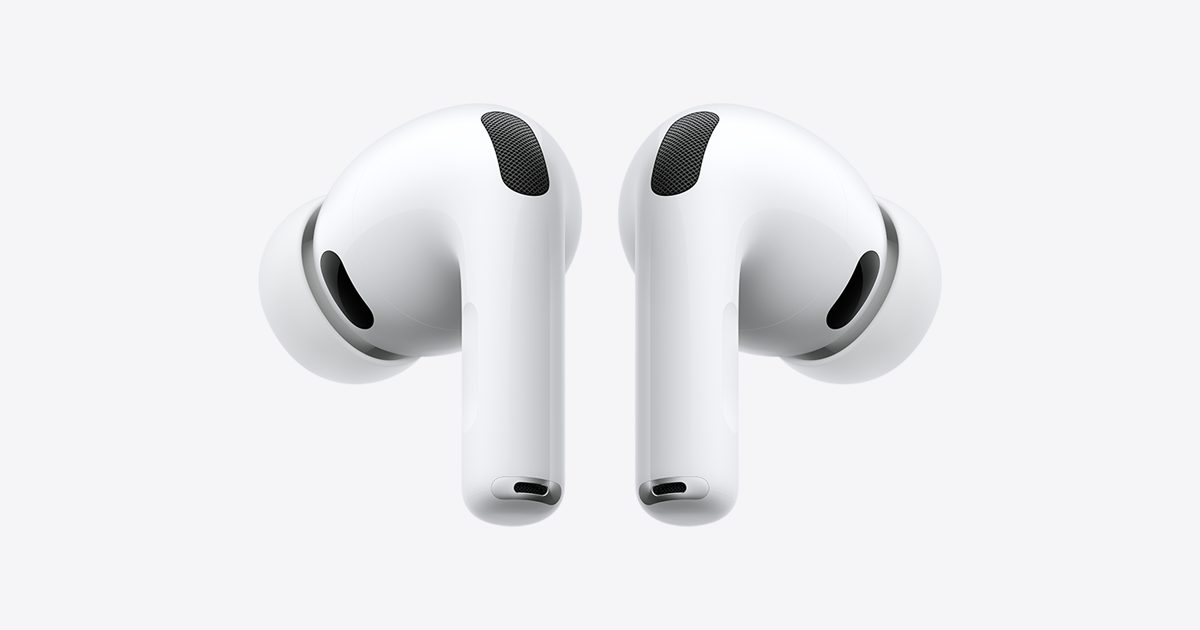 Två AirPods Pro 3 med silikonproppar sida vid sida mot ljus bakgrund.