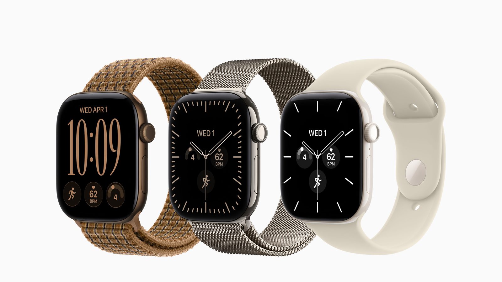 Tre Apple Watch Series 12 snett framifrån: mörk brons med vävd sportloop, svart aluminium med milanesisk loop och en ljus modell med sportband