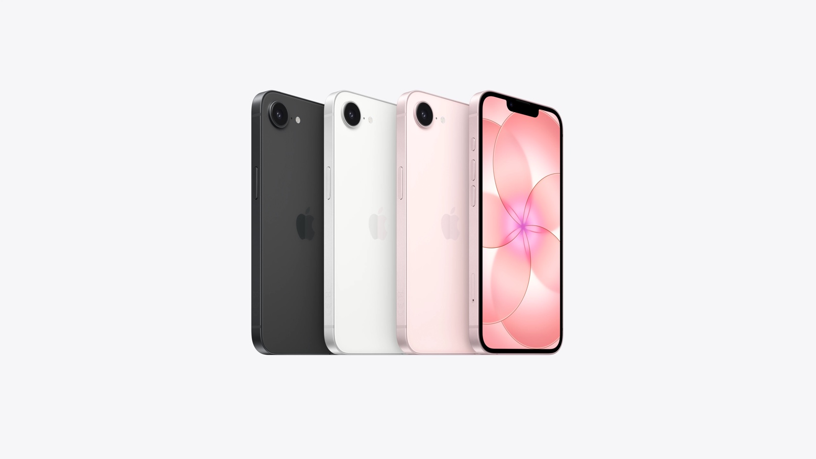 iPhone 17e i svart, vitt och blekrosa uppradade, en med skärmen vänd framåt
