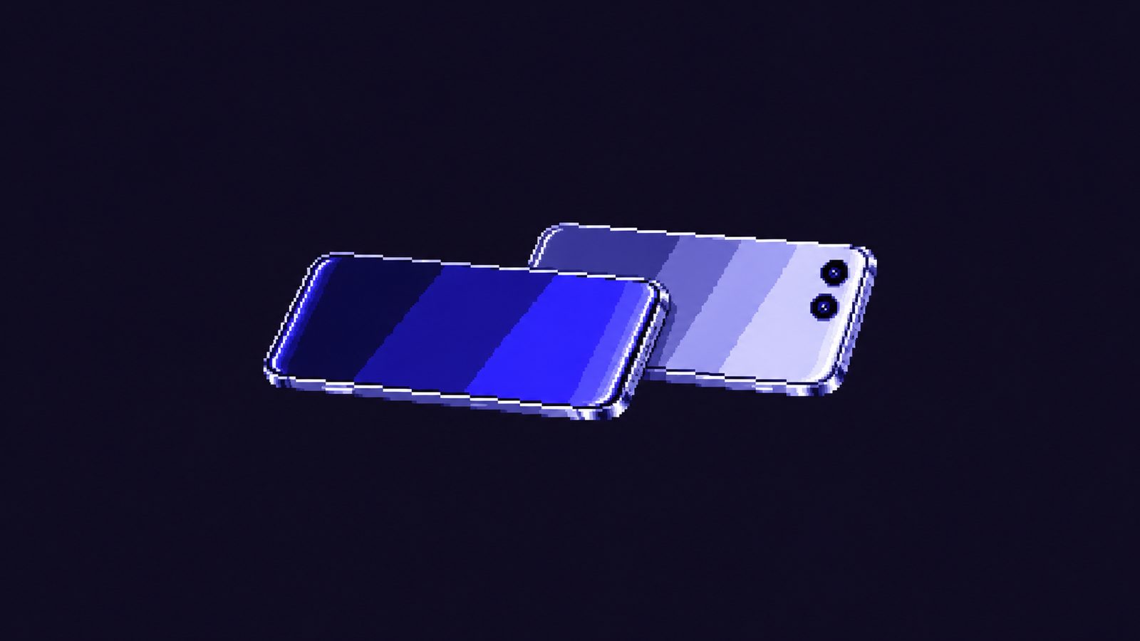 Pixelillustration av två telefoner i glas med skärm som böjer sig runt kanterna, en konceptbild utifrån ryktena om iPhone 20